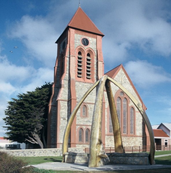 The Whale rib-bone Arch outside the Cathedral in Stanley, Falkland Islands.