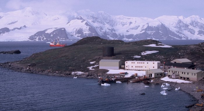 Signy Research Station in the South Orkney Islands. It's a summer only base for biological work. The Ernest Shackleton is in the bay.