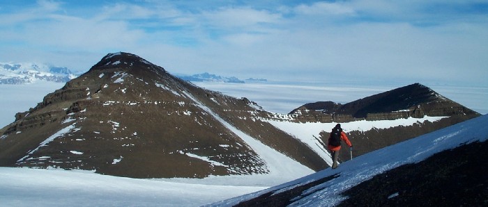Andy Barker admiring the view out over Pyramid and Elephant Ridge while on his way down from Snow Dome at Fossil Bluff.